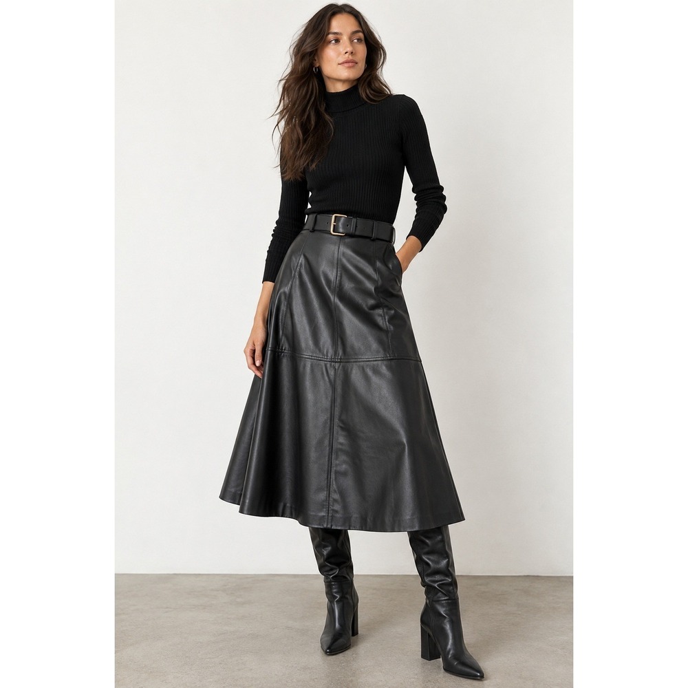 Zara Black Faux Leather Belted Midi Skirt A-Line High Waisted Size S NWT